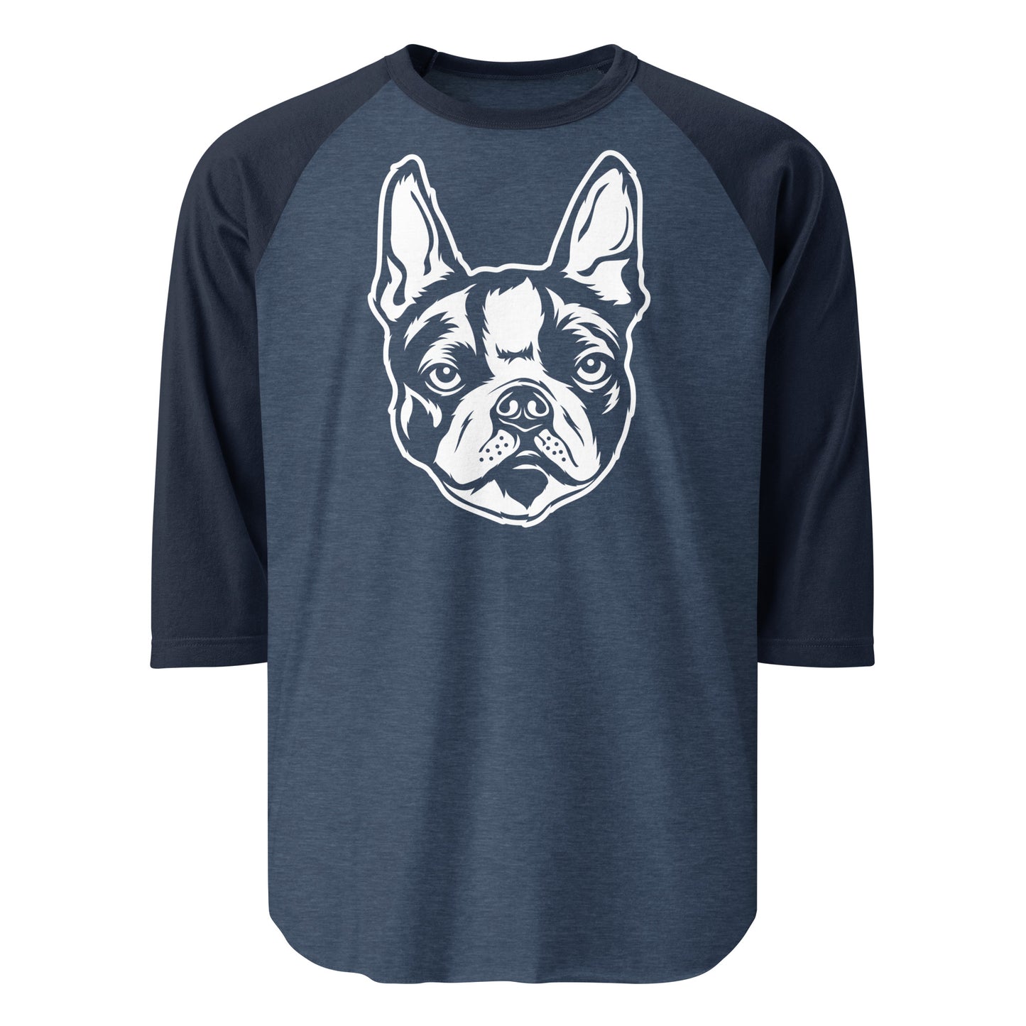 Boston Terrier Dog Face 3/4 Sleeve Raglan Shirt . Heather Denim Navy