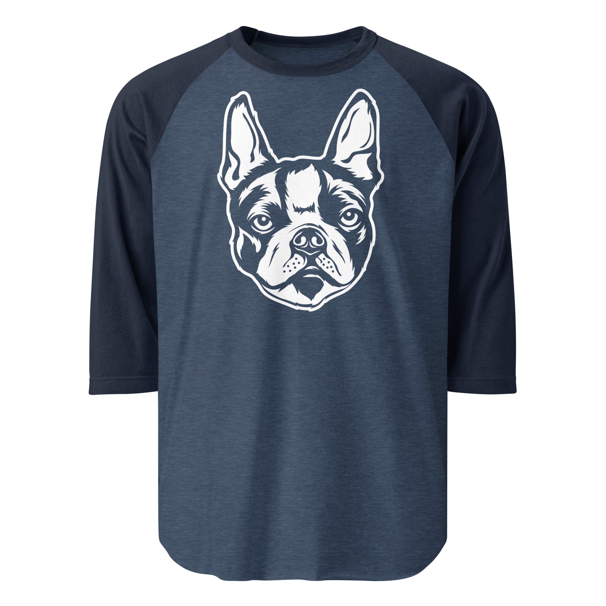 Boston Terrier Dog Face 3/4 Sleeve Raglan Shirt . Heather Denim Navy