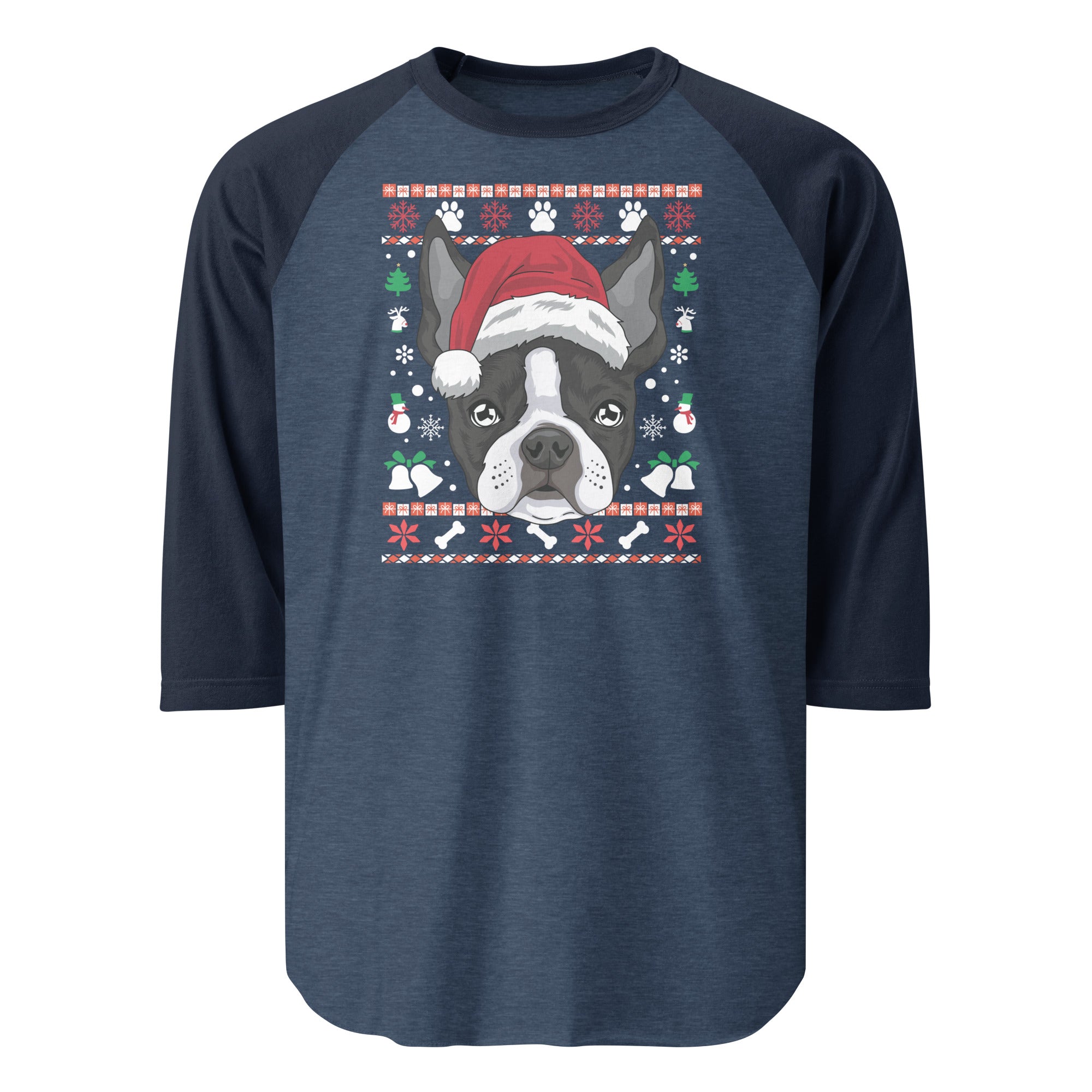 Ugly Christmas Boston Terrier Dog 3/4 Sleeve Raglan Shirt . Heather Denim Navy