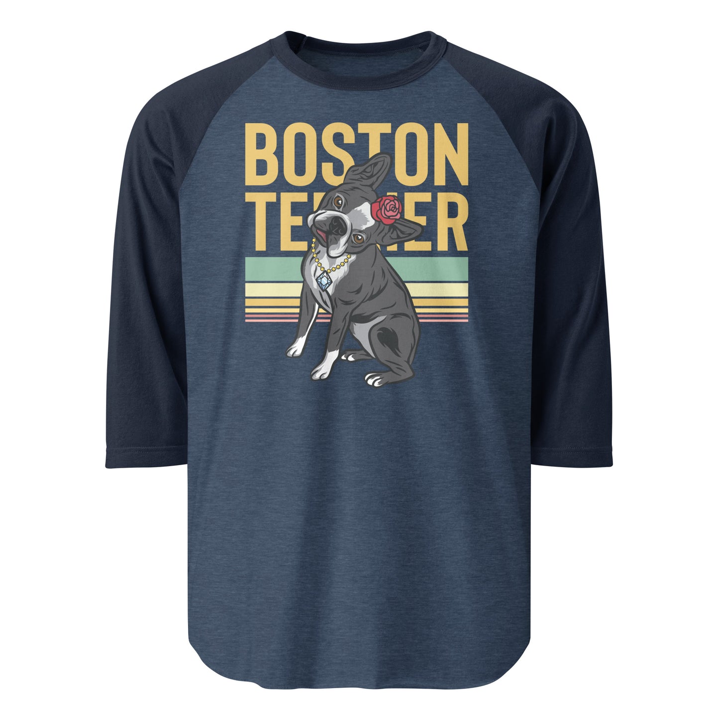 Lady Boston Terrier Dog 3/4 Sleeve Raglan Shirt . Heather Denim Navy