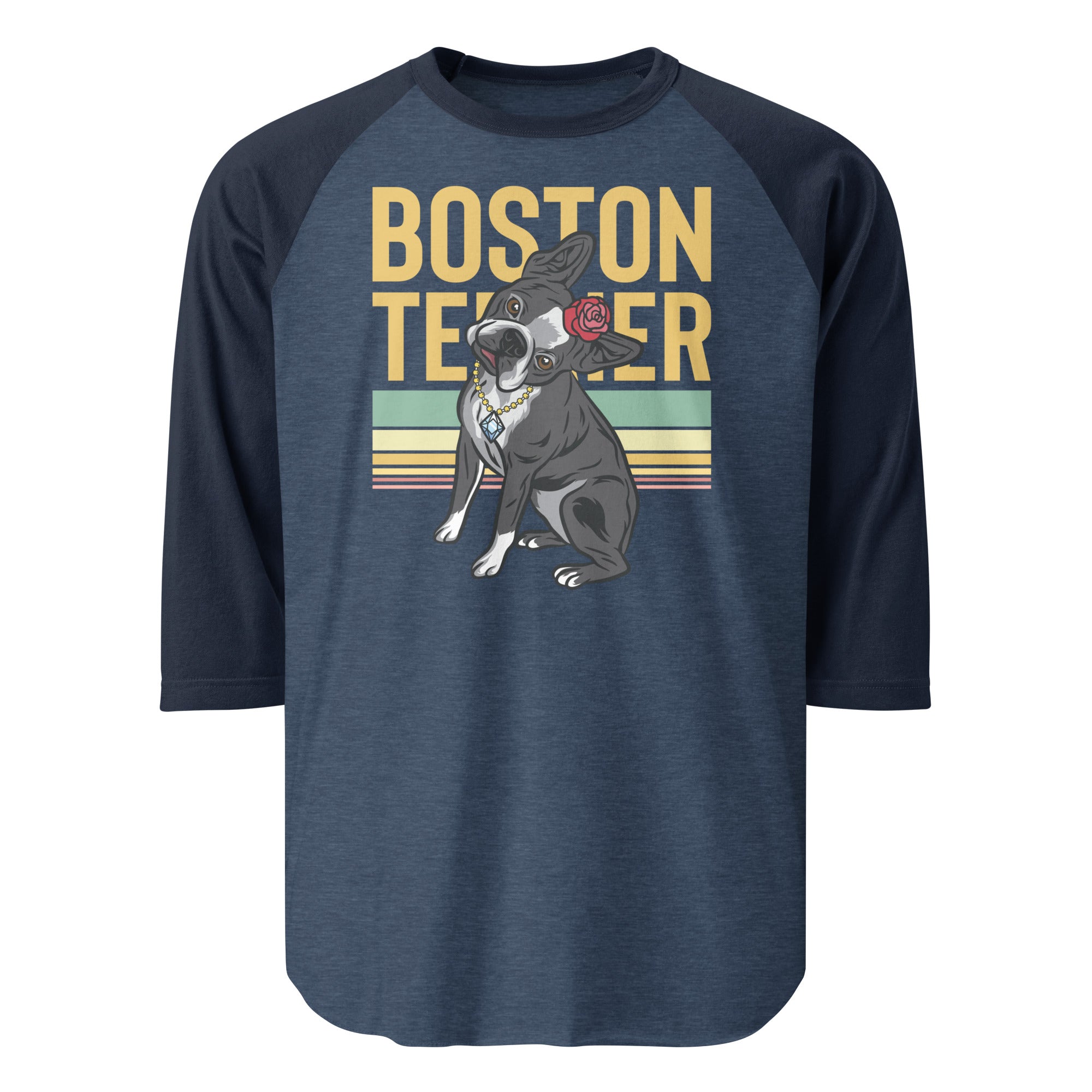 Lady Boston Terrier Dog 3/4 Sleeve Raglan Shirt . Heather Denim Navy