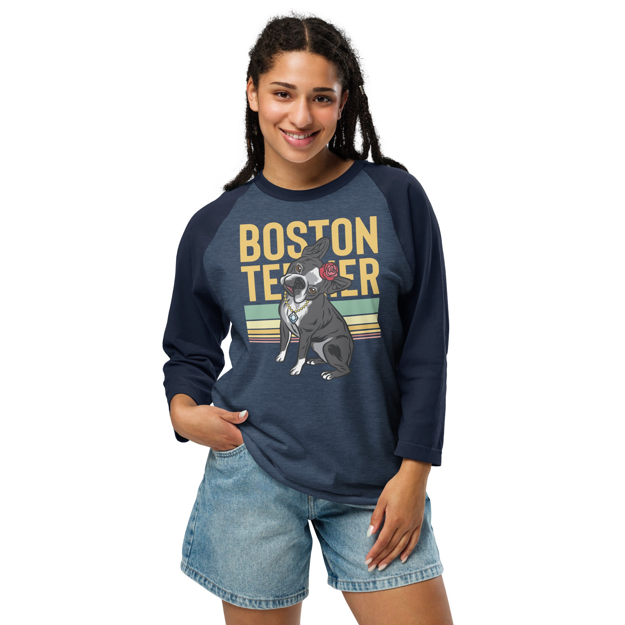 Lady Boston Terrier Dog 3/4 Sleeve Raglan Shirt .
