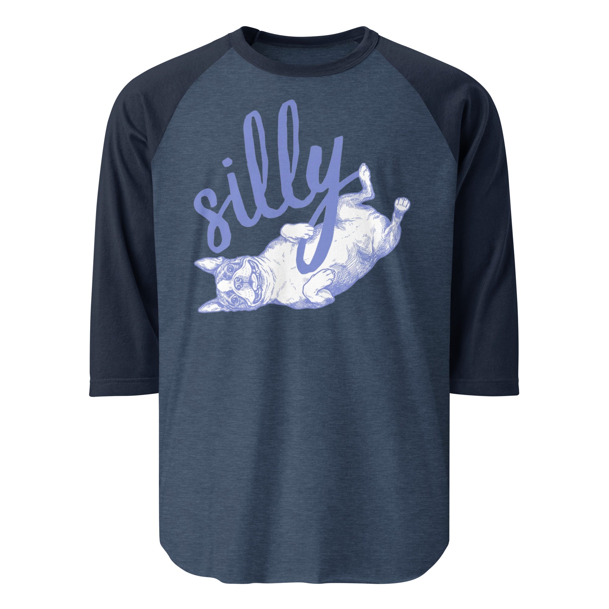 Silly Boston Terrier Dog Upside Down 3/4 Sleeve Raglan Shirt . Heather Denim Navy