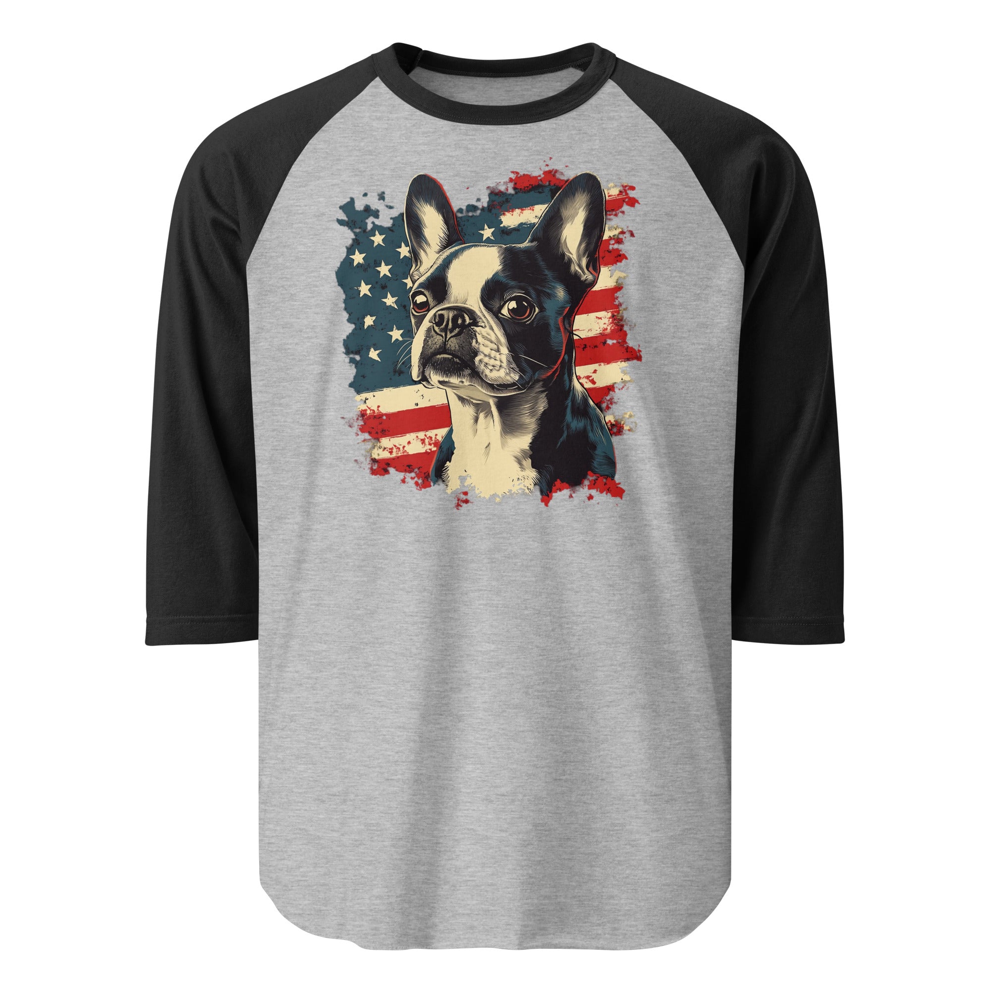 USA Flag United States Boston Terrier Dog 3/4 Sleeve Raglan Shirt . Heather Grey Black