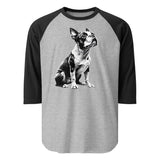 Boston Terrier Line Art 3/4 Sleeve Raglan Shirt . Heather Grey Black