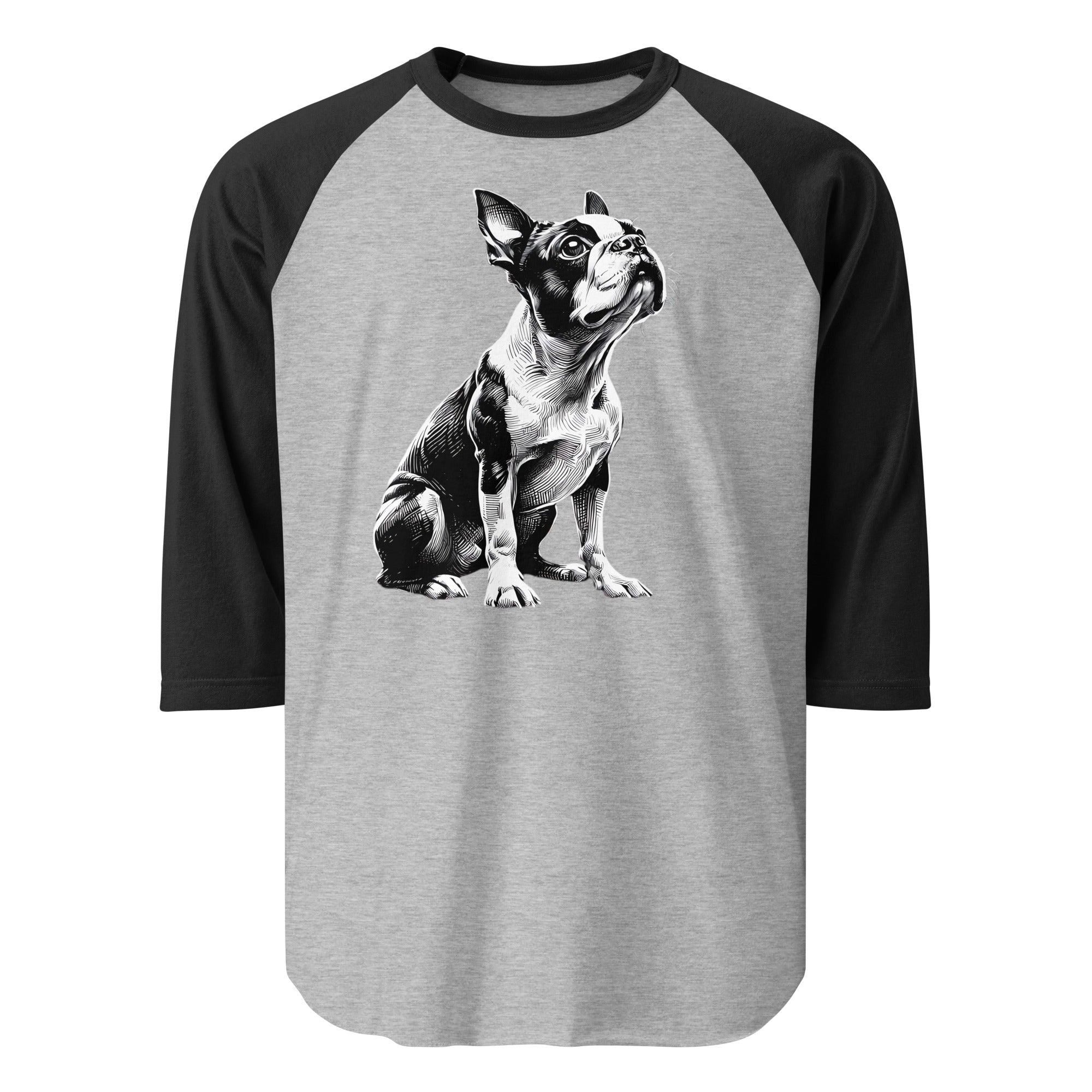 Boston Terrier Line Art 3/4 Sleeve Raglan Shirt . Heather Grey Black