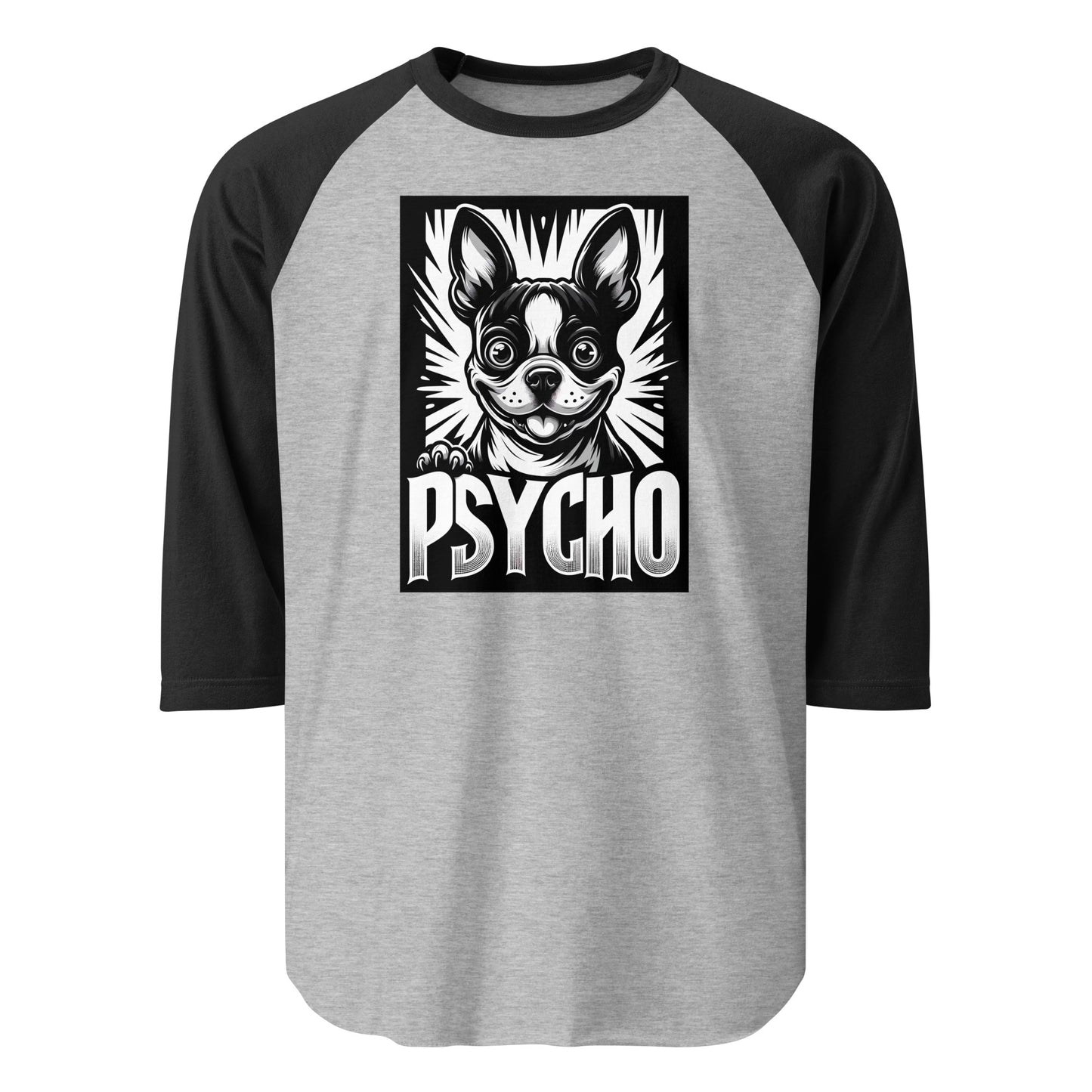 Psycho Boston Terrier Dog 3/4 Sleeve Raglan Shirt . Heather Grey Black