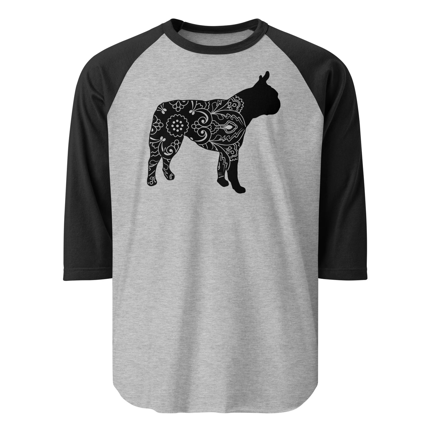 Boston Terrier Mandala 3/4 Sleeve Raglan Shirt . Heather Grey Black