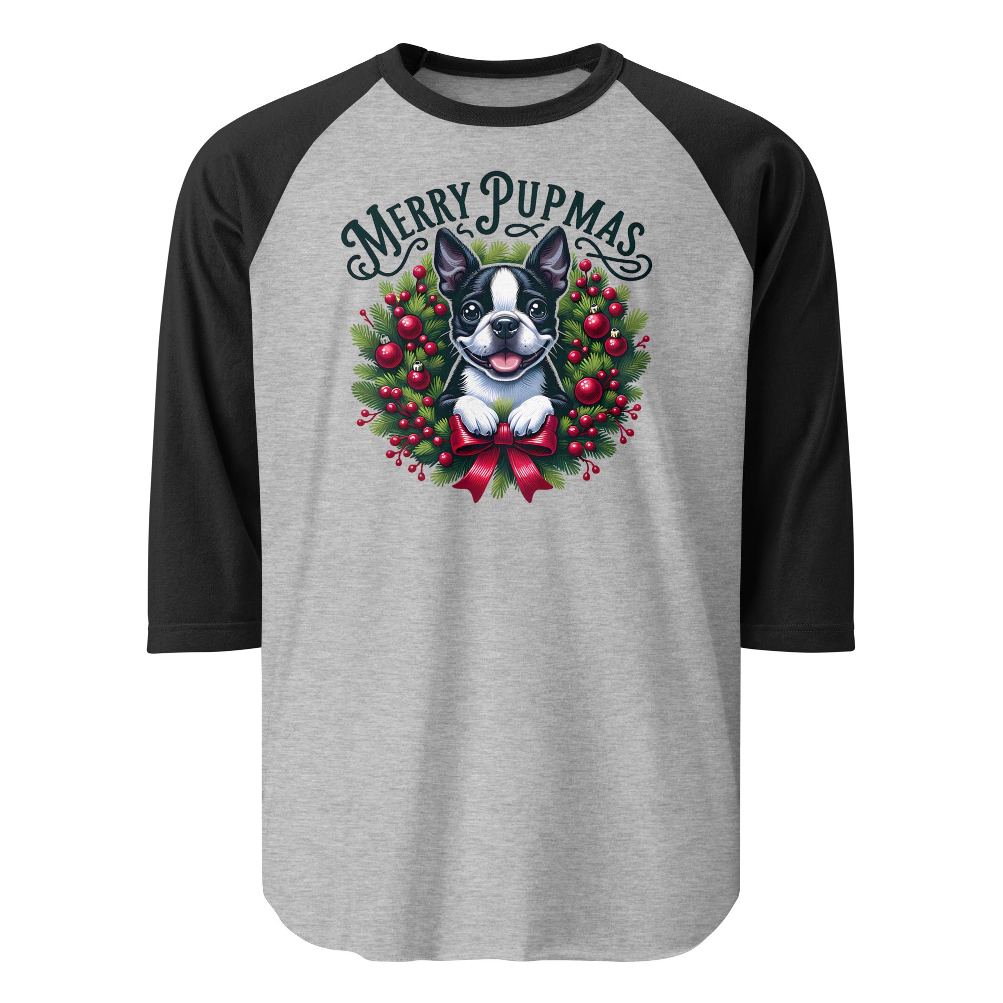 Merry Pupmas 3/4 Sleeve Raglan Shirt . Heather Grey Black