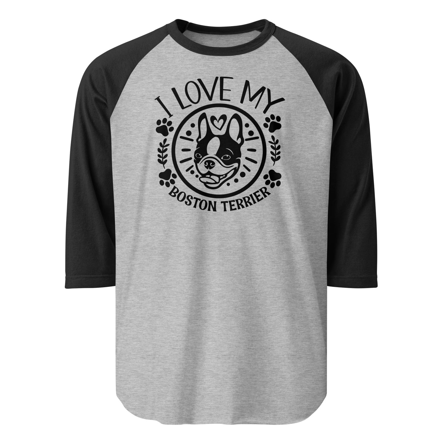 I Love My Boston Terrier 3/4 Sleeve Raglan Shirt . Heather Grey Black