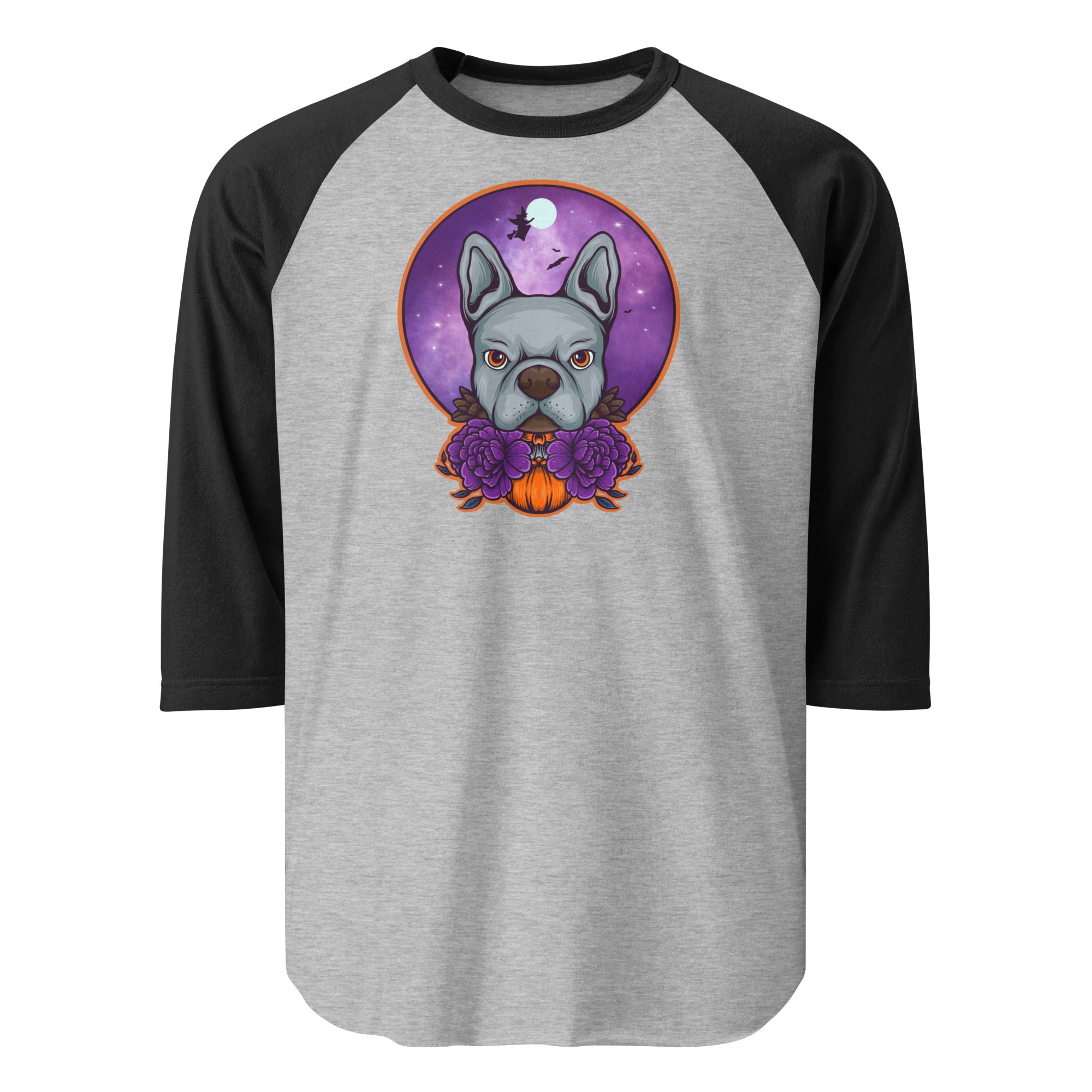 Boston Terrier Halloween 3/4 Sleeve Raglan Shirt . Heather Grey Black