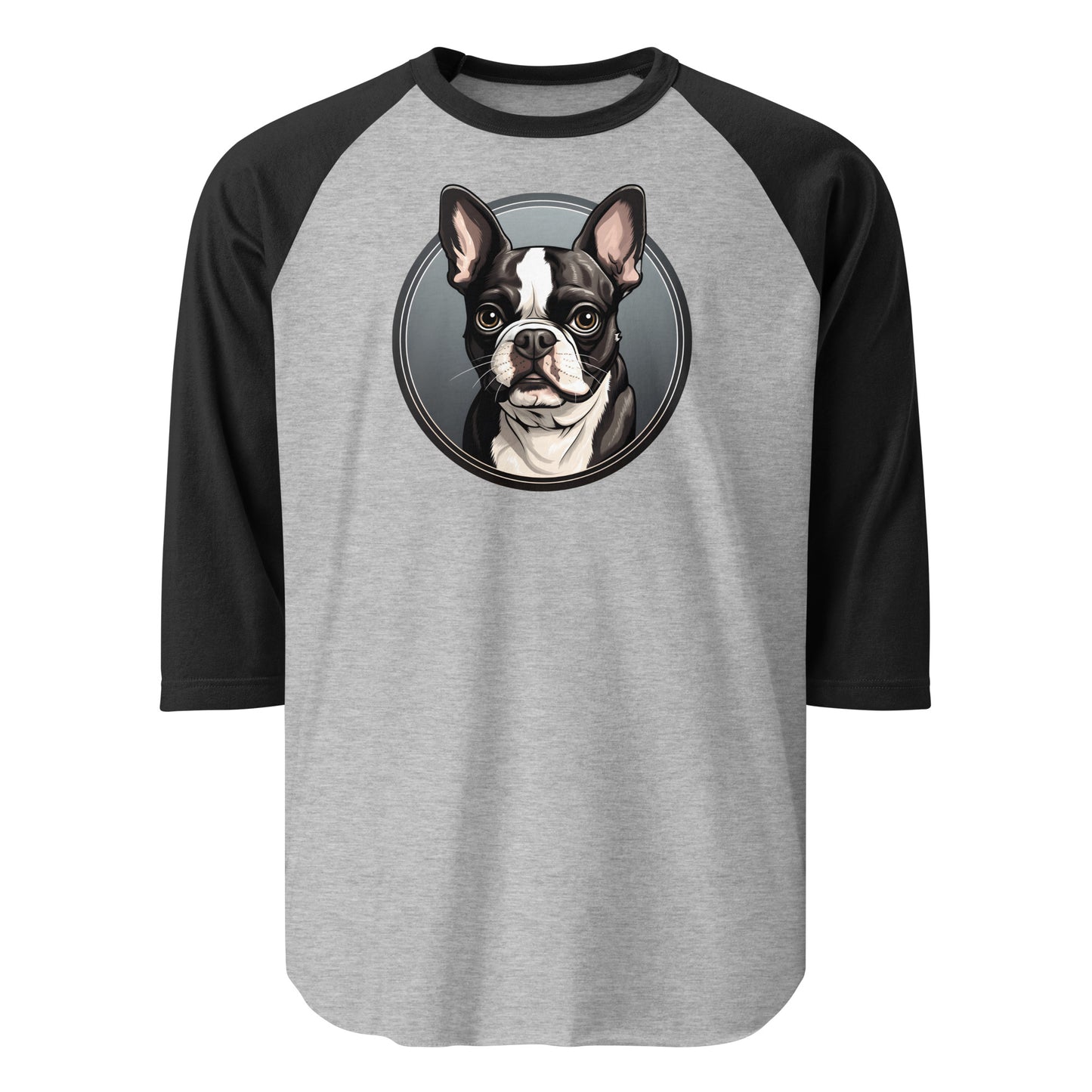Cartoon Boston Terrier Dog Portrait 3/4 Sleeve Raglan Shirt . Heather Grey Black