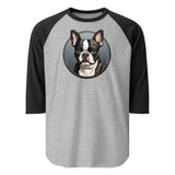 Cartoon Boston Terrier Dog Portrait 3/4 Sleeve Raglan Shirt . Heather Grey Black