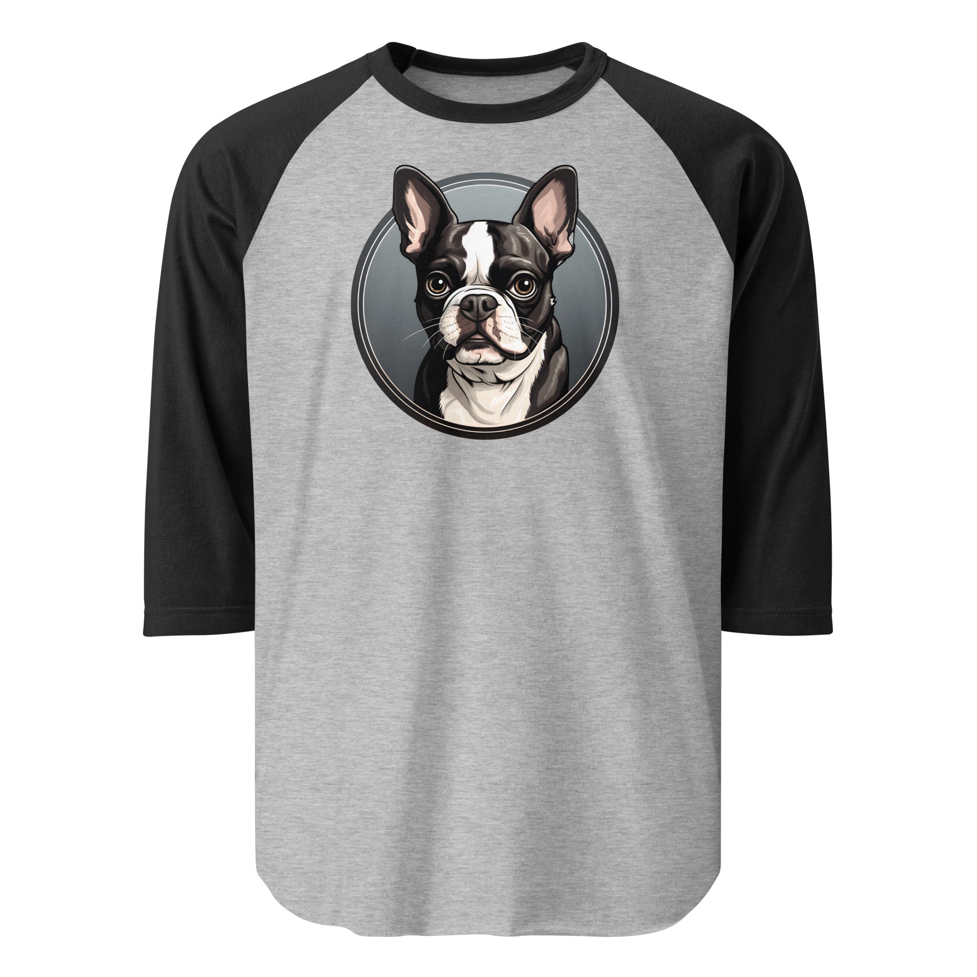 Cartoon Boston Terrier Dog Portrait 3/4 Sleeve Raglan Shirt . Heather Grey Black
