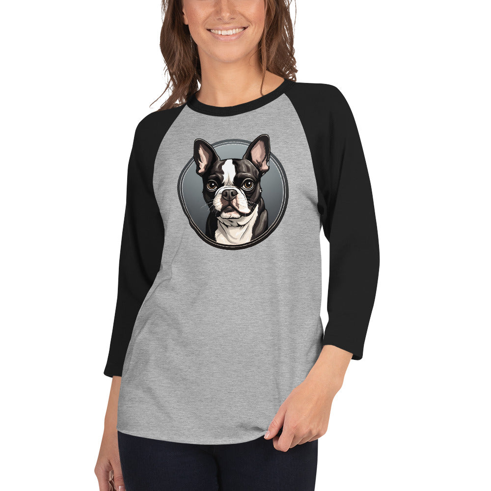 Cartoon Boston Terrier Dog Portrait 3/4 Sleeve Raglan Shirt .