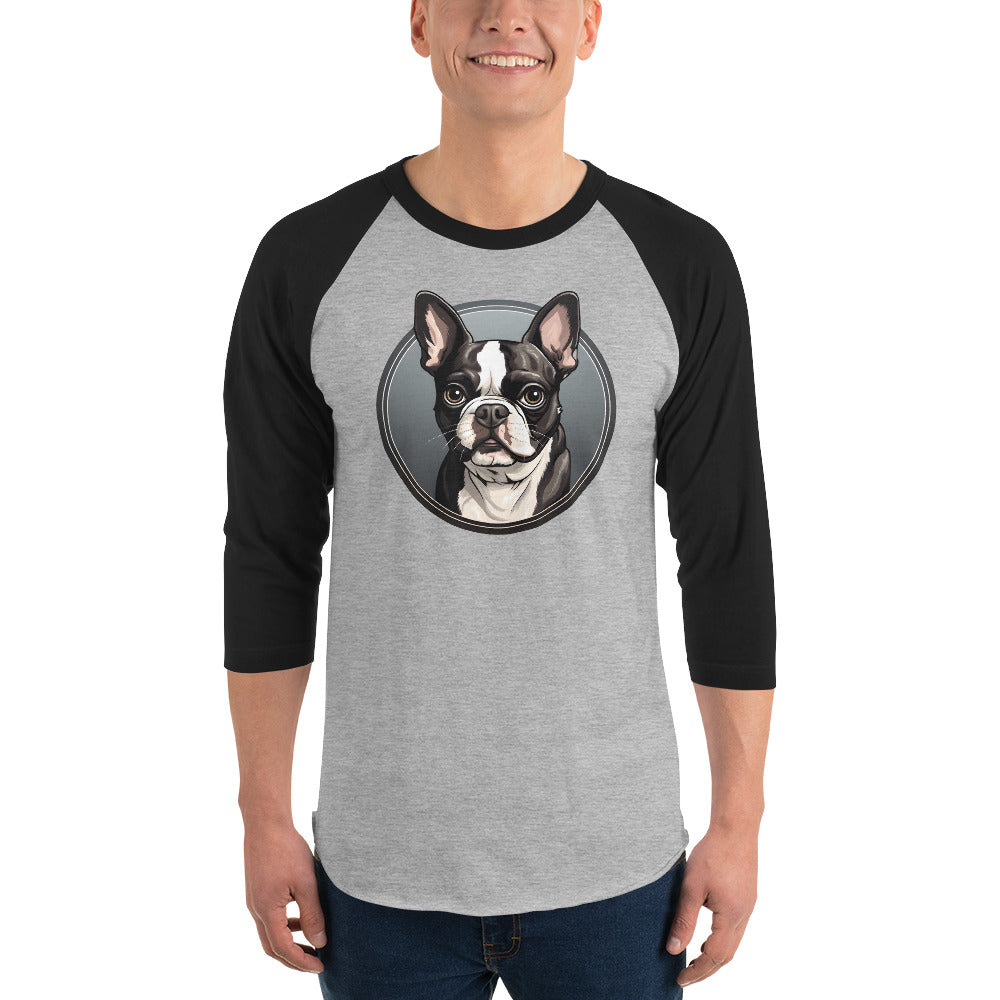 Cartoon Boston Terrier Dog Portrait 3/4 Sleeve Raglan Shirt .