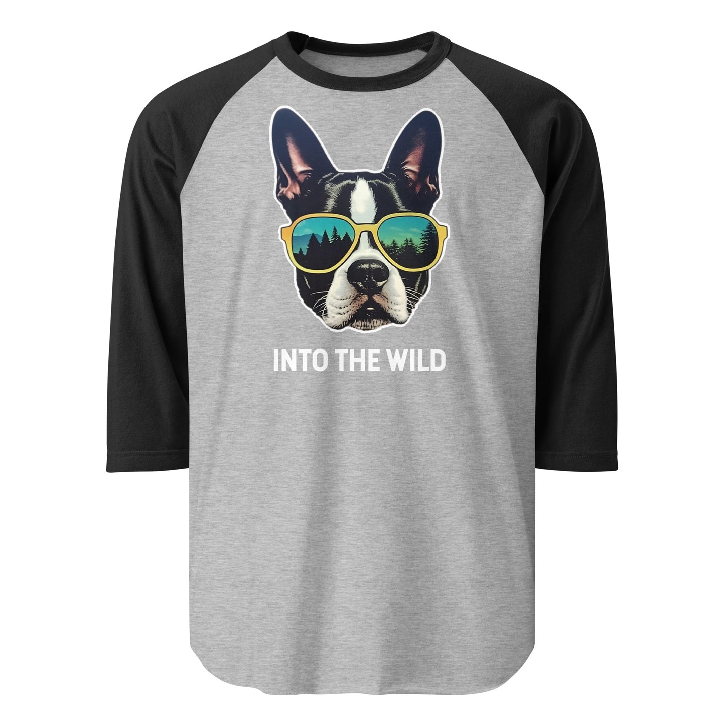 Into The Wild Boston Terrier 3/4 Sleeve Raglan Shirt . Heather Grey Black