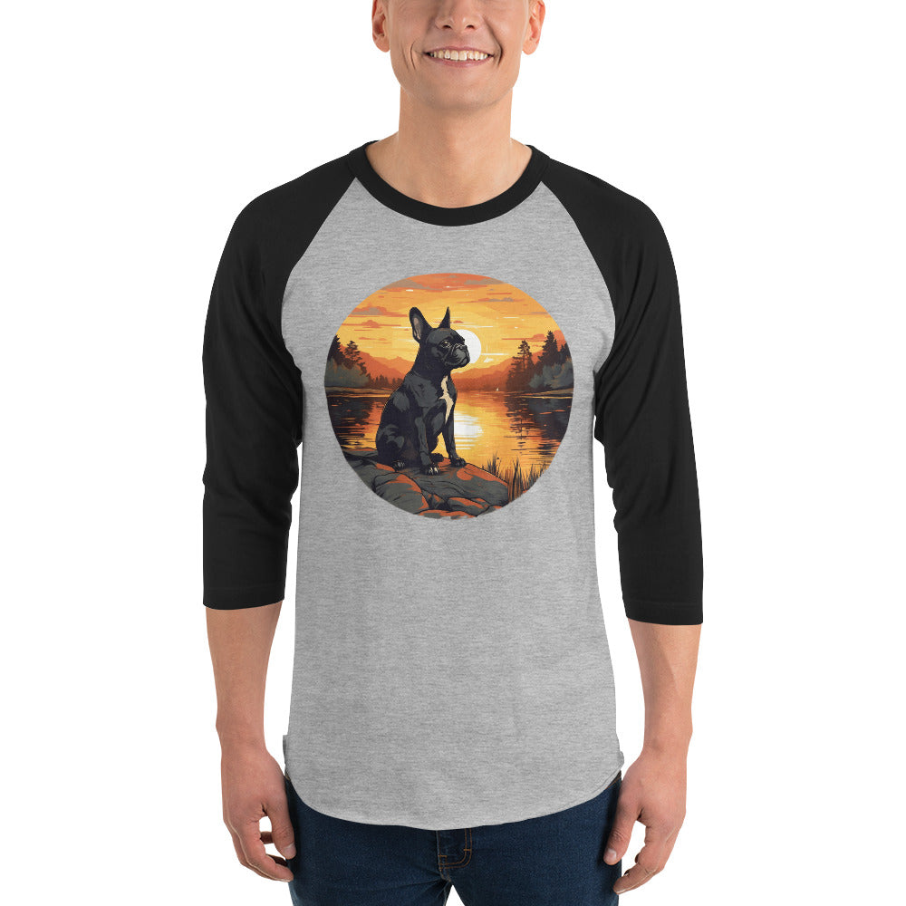 Boston Terrier Sitting By A Calm Lake 3/4 Sleeve Raglan Shirt .