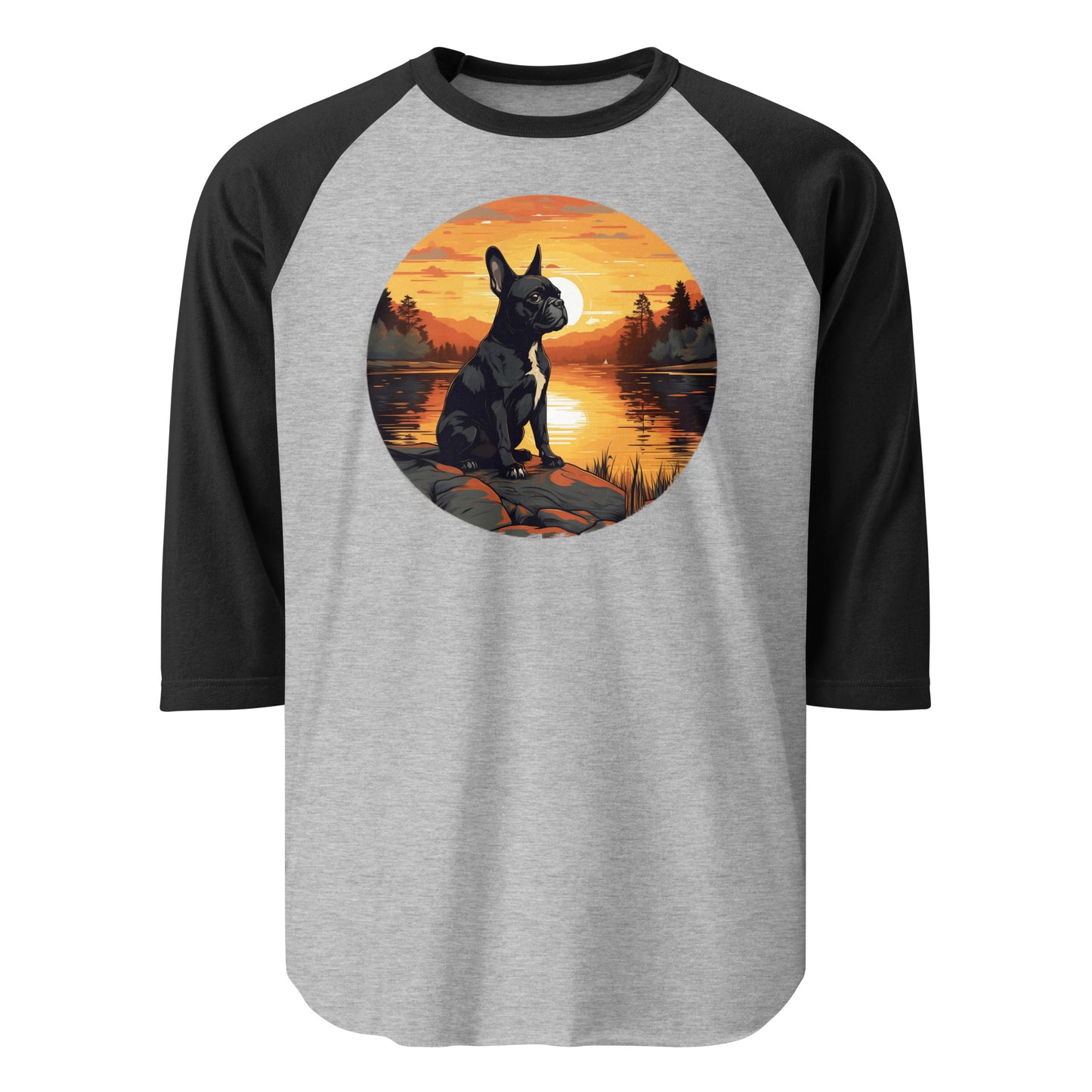 Boston Terrier Sitting By A Calm Lake 3/4 Sleeve Raglan Shirt . Heather Grey Black