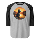 Boston Terrier Sitting By A Calm Lake 3/4 Sleeve Raglan Shirt . Heather Grey Black