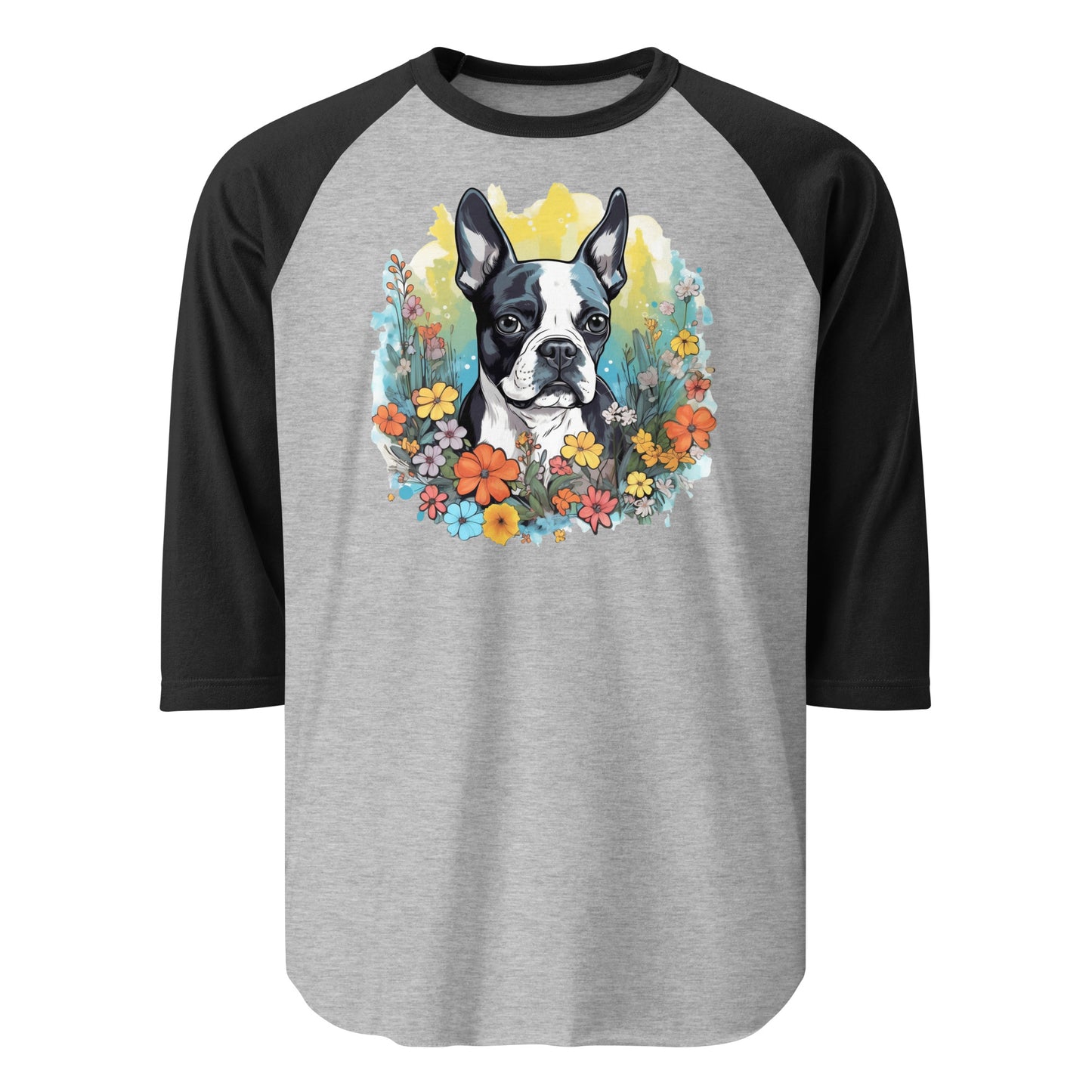 Boston Terrier Surrounded By Flowers 3/4 Sleeve Raglan Shirt . Heather Grey Black