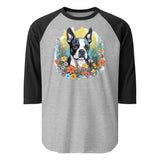 Boston Terrier Surrounded By Flowers 3/4 Sleeve Raglan Shirt . Heather Grey Black