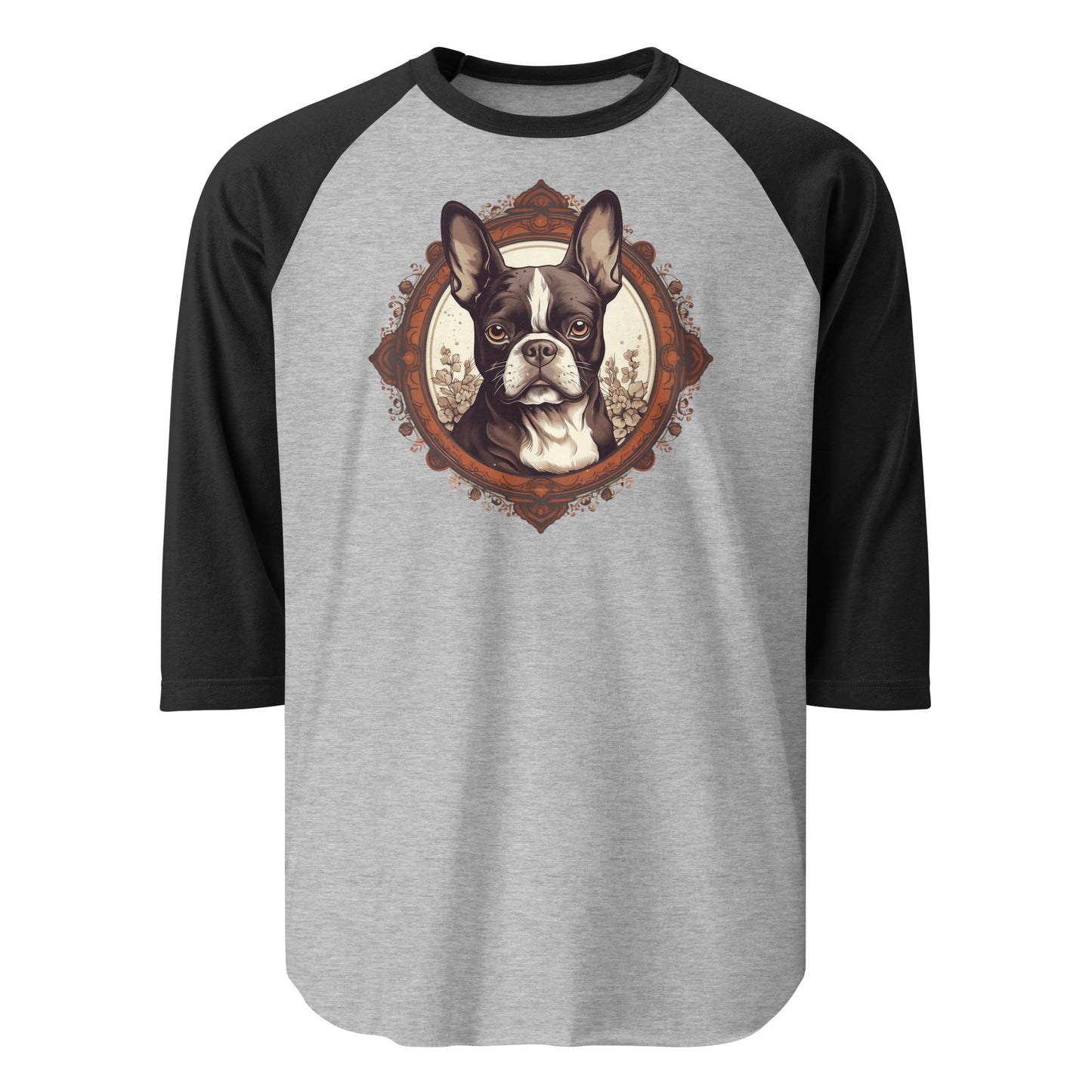 Vintage-Inspired Red Brown Boston Terrier 3/4 Sleeve Raglan Shirt . Heather Grey Black