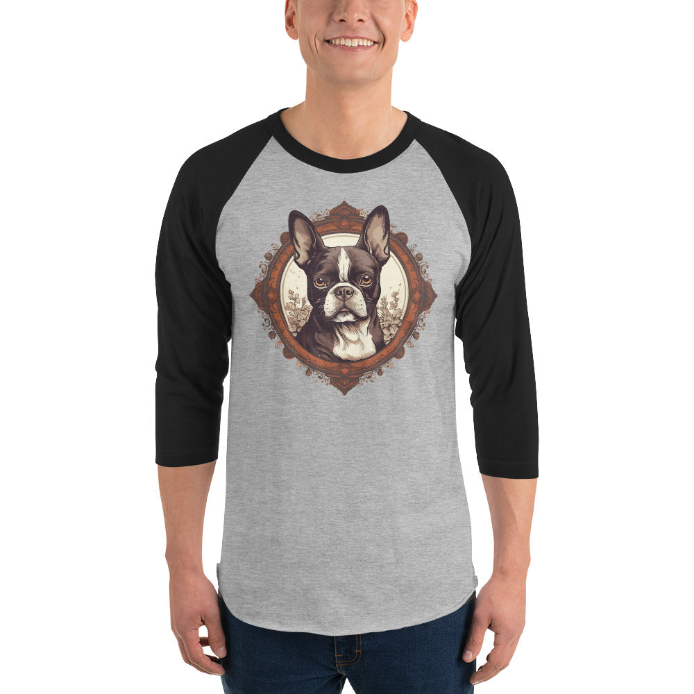 Vintage-Inspired Red Brown Boston Terrier 3/4 Sleeve Raglan Shirt .