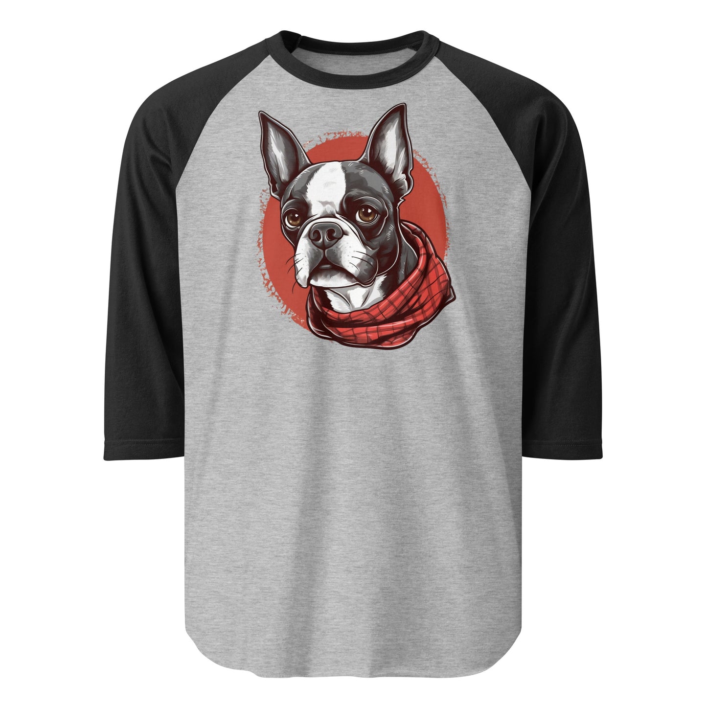 Boston Terrier Red Bandana 3/4 Sleeve Raglan Shirt . Heather Grey Black