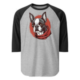 Boston Terrier Red Bandana 3/4 Sleeve Raglan Shirt . Heather Grey Black