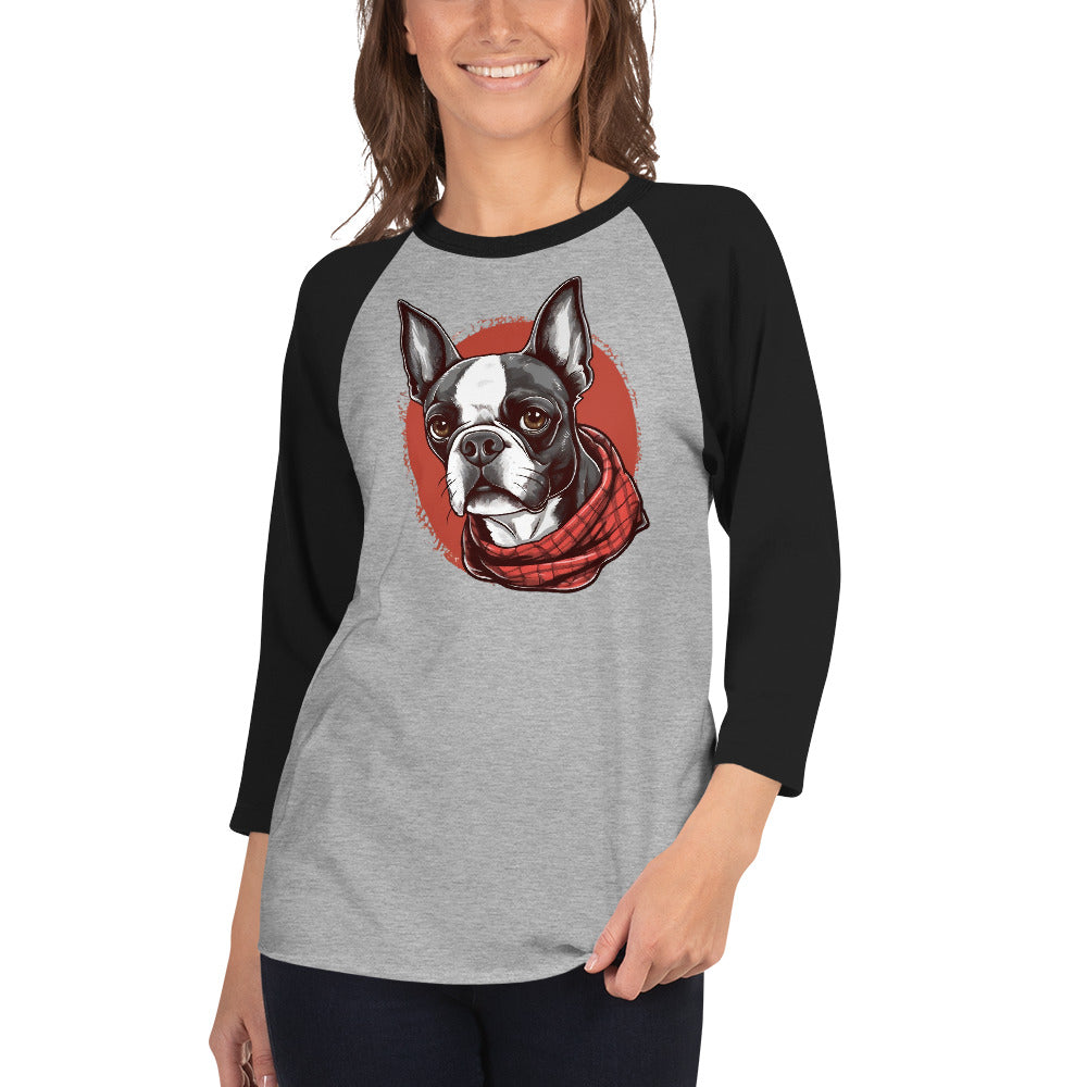 Boston Terrier Red Bandana 3/4 Sleeve Raglan Shirt .