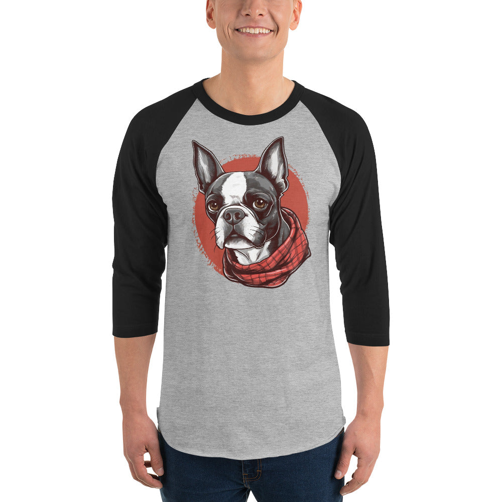 Boston Terrier Red Bandana 3/4 Sleeve Raglan Shirt .