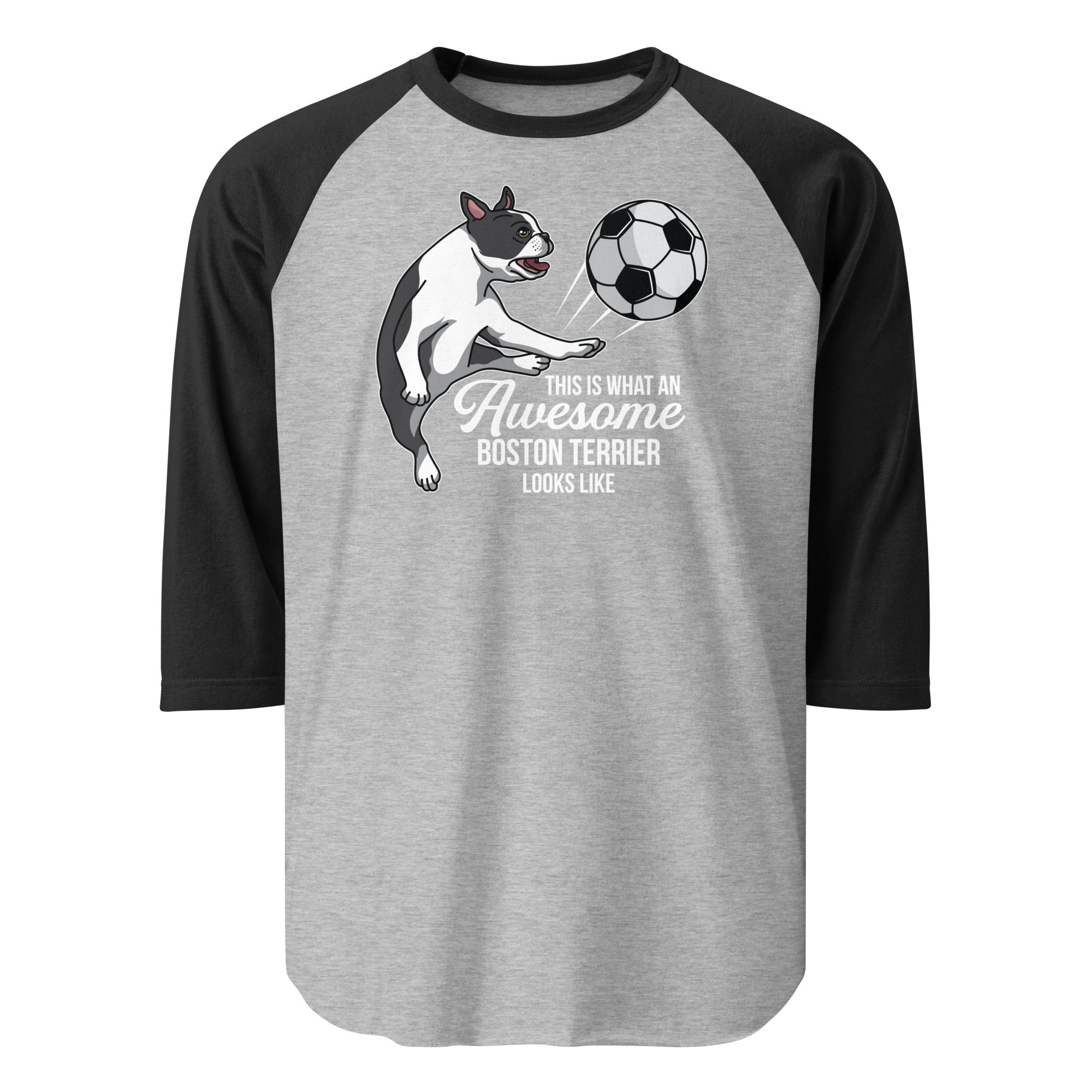 Soccer Boston Terrier 3/4 Sleeve Raglan Shirt . Heather Grey Black