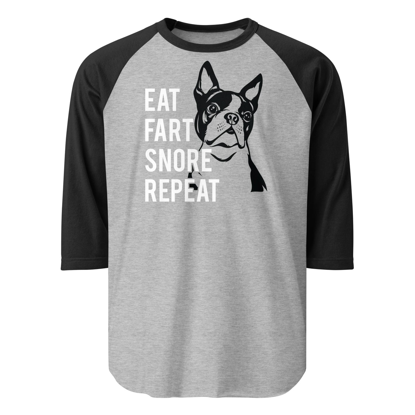 Eat Fart Snore Repeat 3/4 Sleeve Raglan Shirt . Heather Grey Black