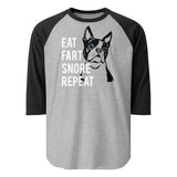 Eat Fart Snore Repeat 3/4 Sleeve Raglan Shirt . Heather Grey Black
