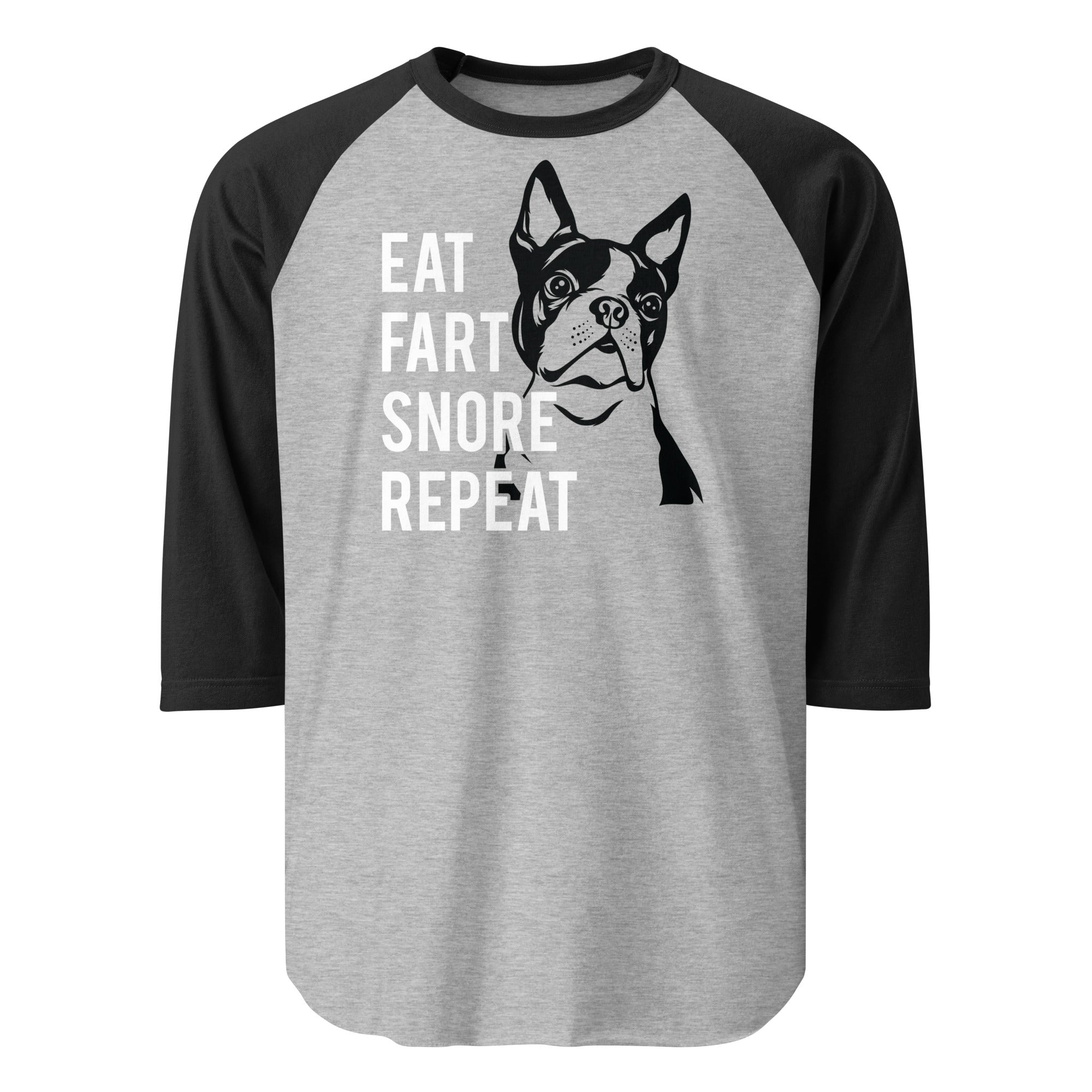 Eat Fart Snore Repeat 3/4 Sleeve Raglan Shirt . Heather Grey Black
