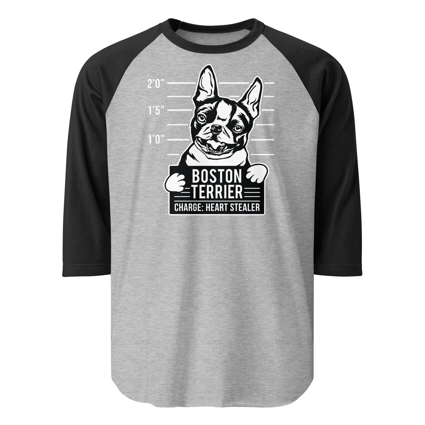 Boston Terrier Heart Stealer 3/4 Sleeve Raglan Shirt . Heather Grey Black