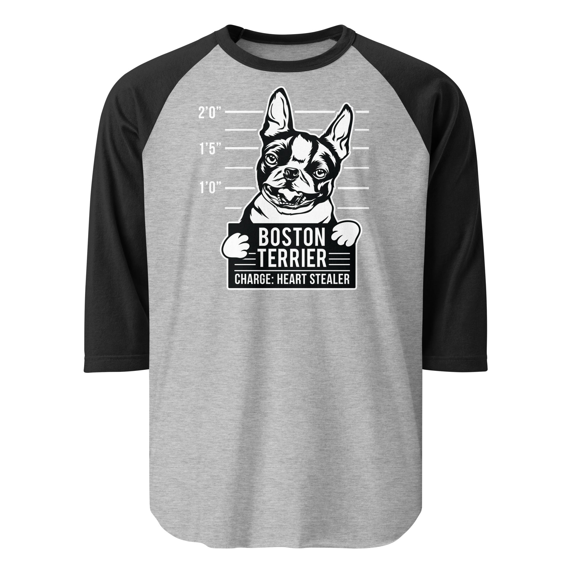 Boston Terrier Heart Stealer 3/4 Sleeve Raglan Shirt . Heather Grey Black