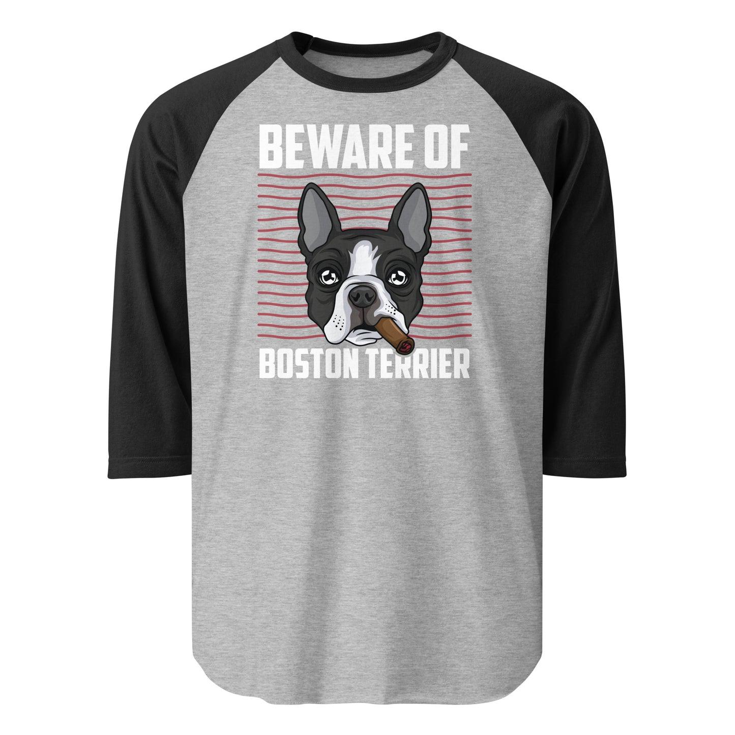 Beware Of Boston Terrier 3/4 Sleeve Raglan Shirt . Heather Grey Black
