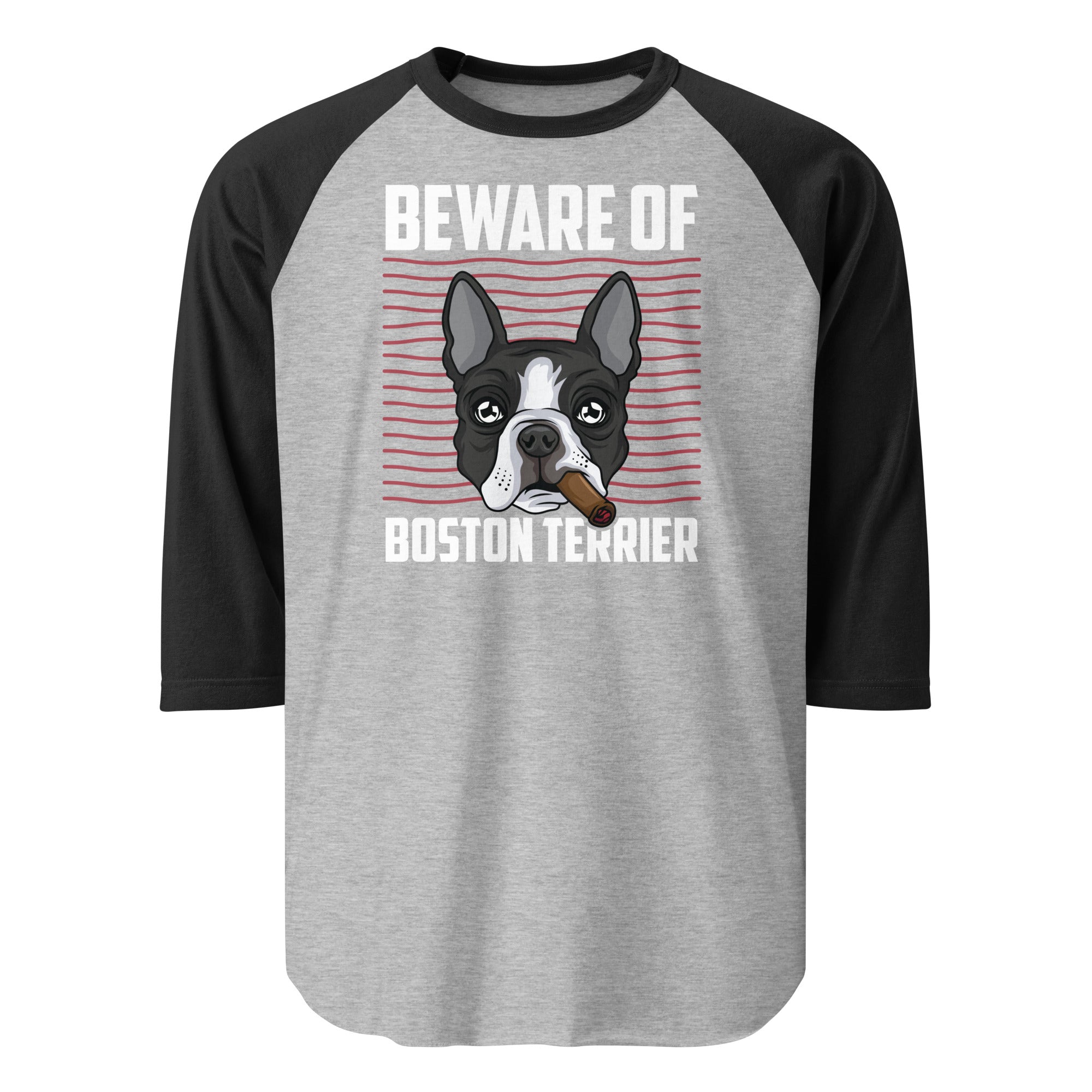 Beware Of Boston Terrier 3/4 Sleeve Raglan Shirt . Heather Grey Black