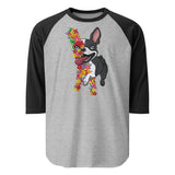 Floral Boston Terrier Dog 3/4 Sleeve Raglan Shirt . Heather Grey Black