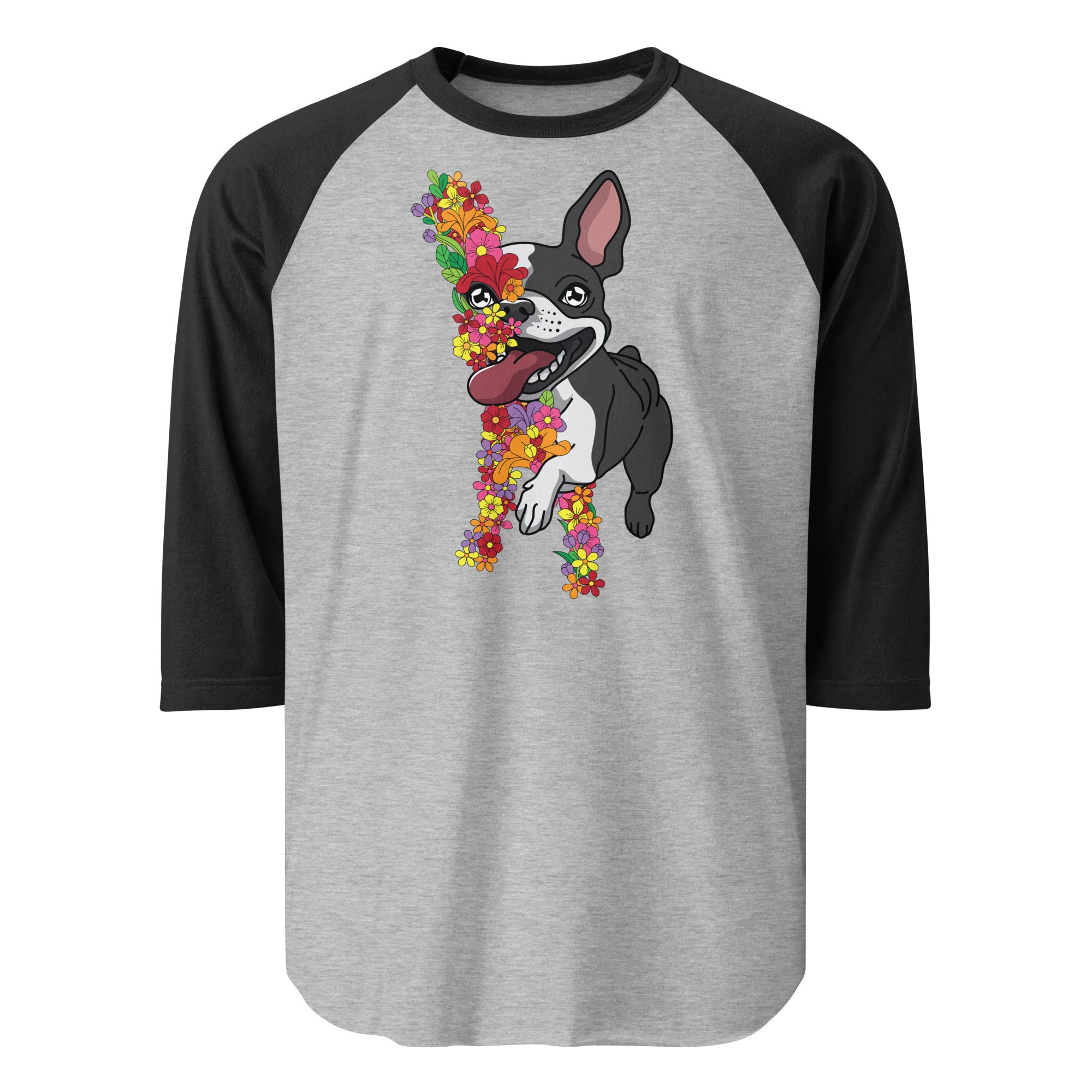 Floral Boston Terrier Dog 3/4 Sleeve Raglan Shirt . Heather Grey Black