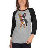 Floral Boston Terrier Dog 3/4 Sleeve Raglan Shirt .
