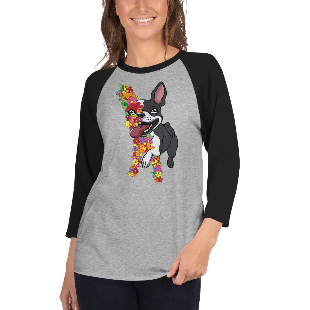 Floral Boston Terrier Dog 3/4 Sleeve Raglan Shirt .