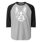 Boston Terrier Dog Face 3/4 Sleeve Raglan Shirt . Heather Grey Black