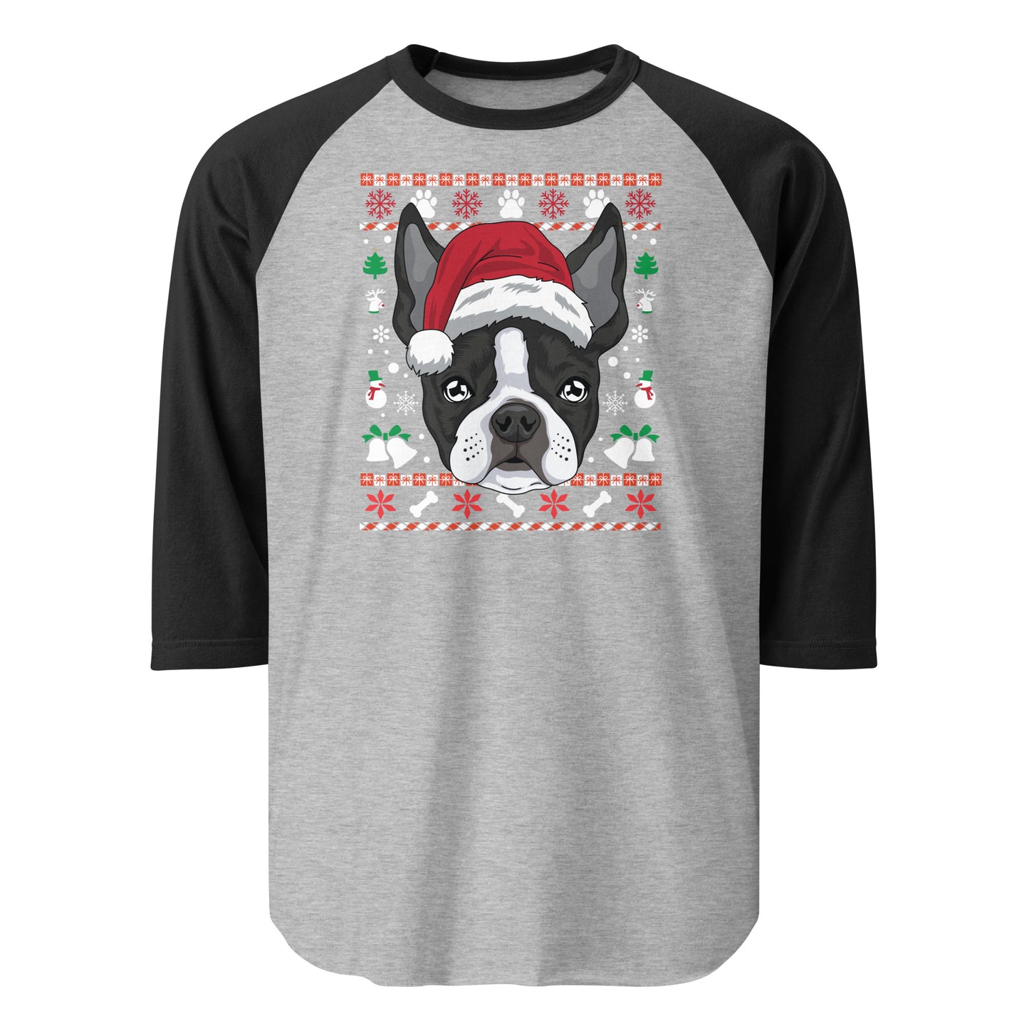 Ugly Christmas Boston Terrier Dog 3/4 Sleeve Raglan Shirt . Heather Grey Black