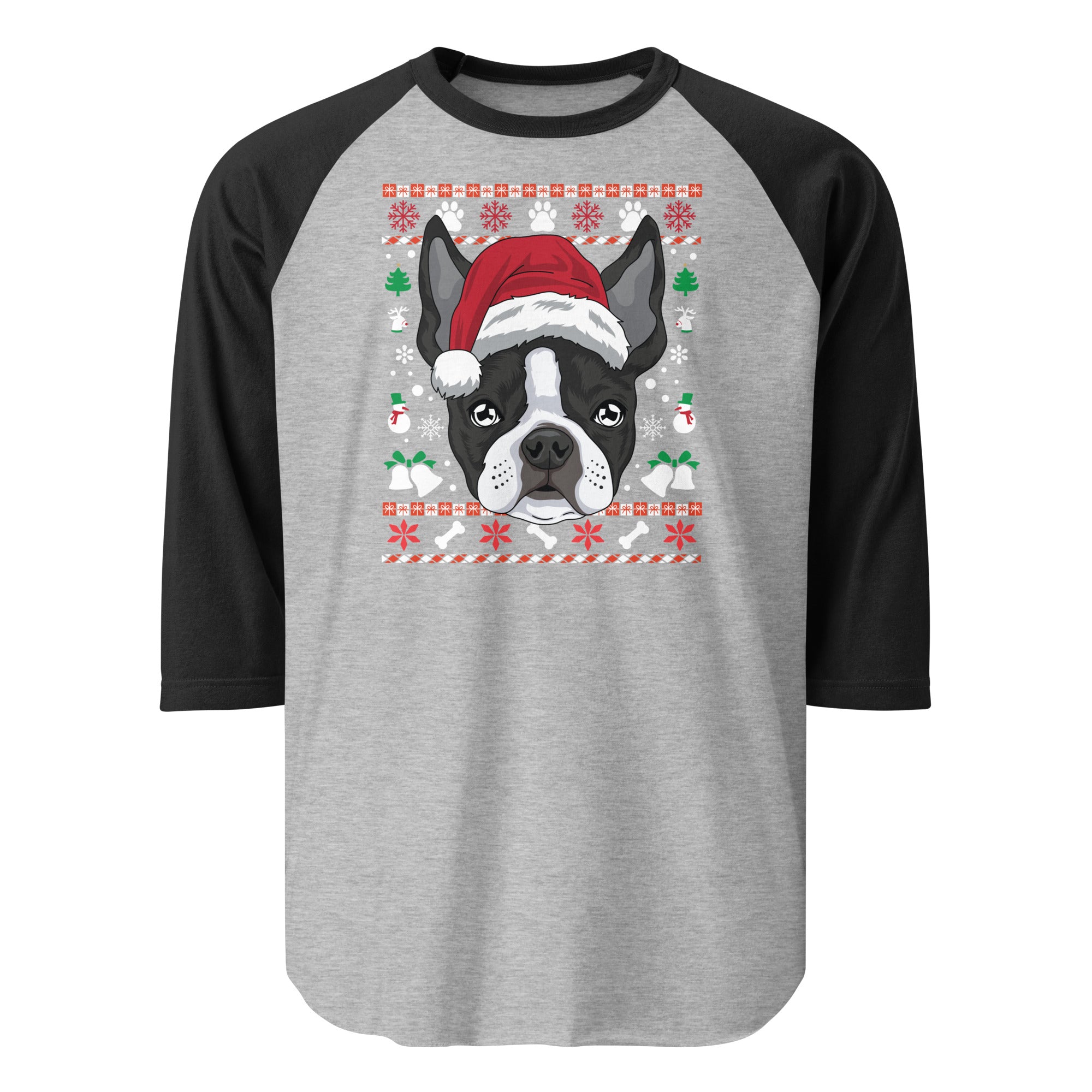 Ugly Christmas Boston Terrier Dog 3/4 Sleeve Raglan Shirt . Heather Grey Black