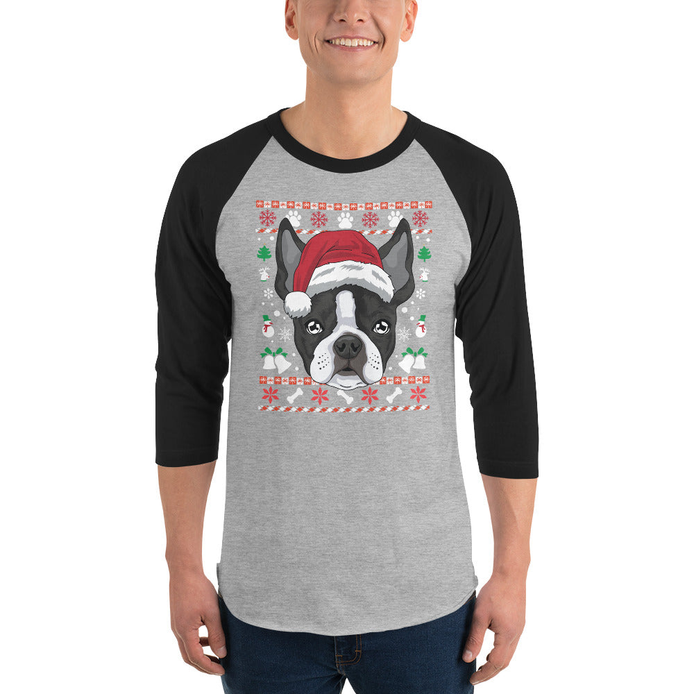 Ugly Christmas Boston Terrier Dog 3/4 Sleeve Raglan Shirt .