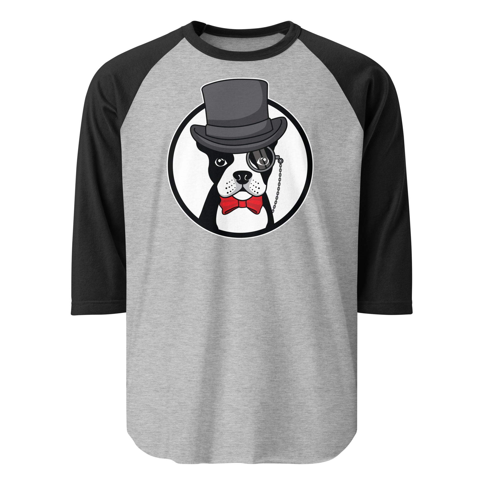 The Gentleman Boston Terrier Dog 3/4 Sleeve Raglan Shirt . Heather Grey Black