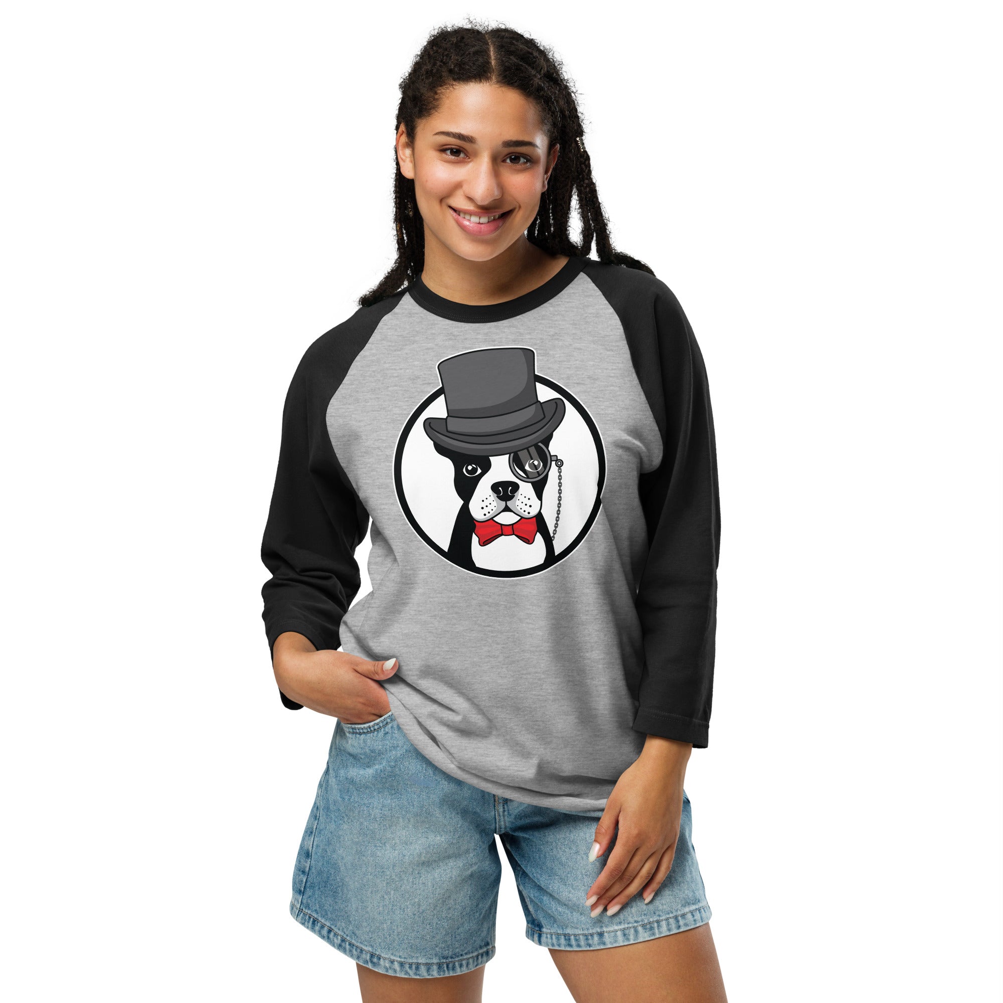 The Gentleman Boston Terrier Dog 3/4 Sleeve Raglan Shirt .